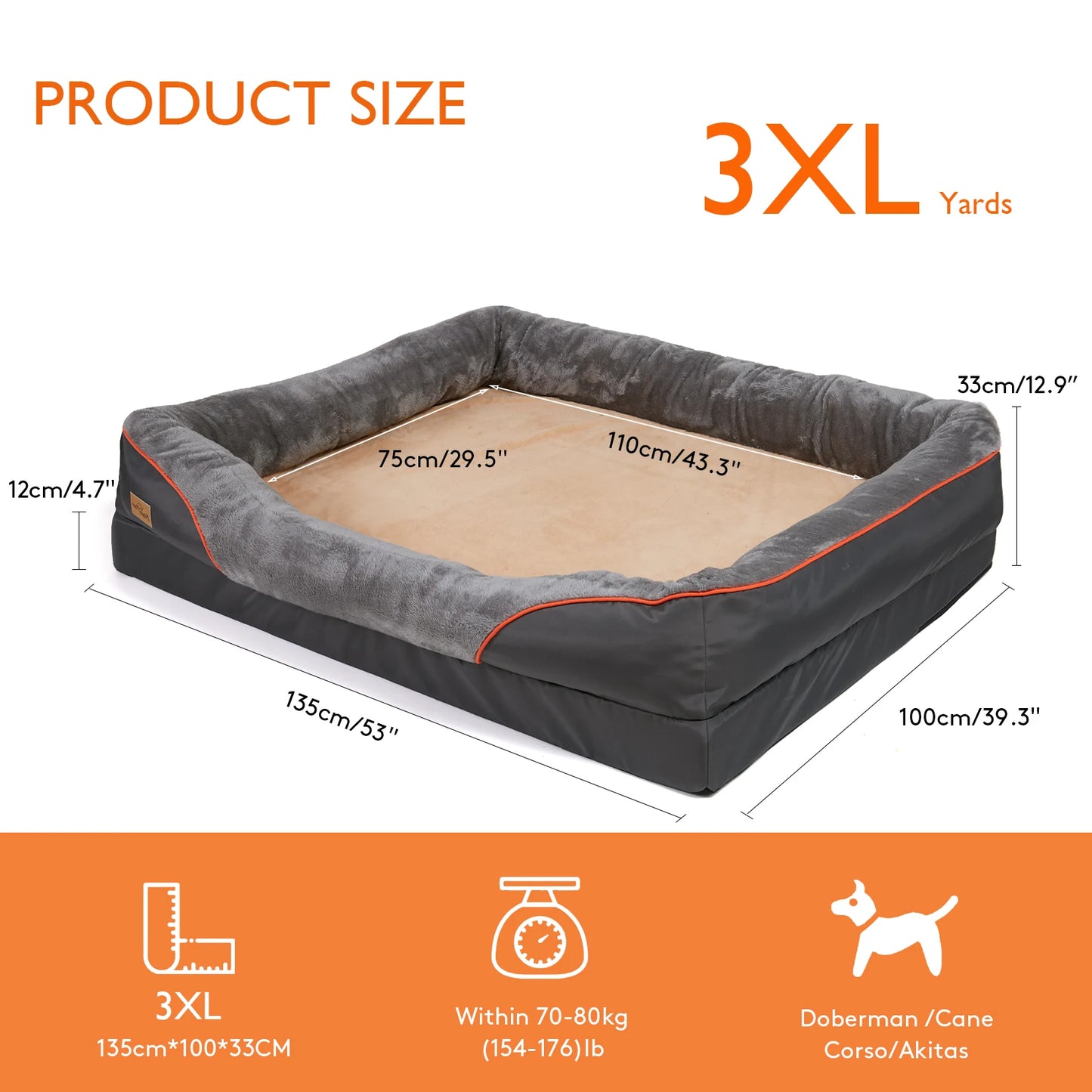 L XL 2XL 3XL Dog Bed Super Soft Orthopedic Foam Pet Bed Sleeping Mat with Cotton-padded Bolster and Removable Cover