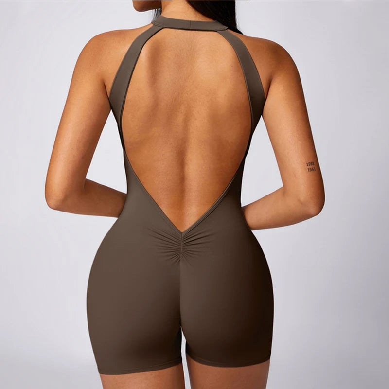 Backless Jumpsuits Zipper Sports Bodysuits Women Yoga Sets Sportswear Fitness Overalls One Piece Suit Workout Playsuit Female