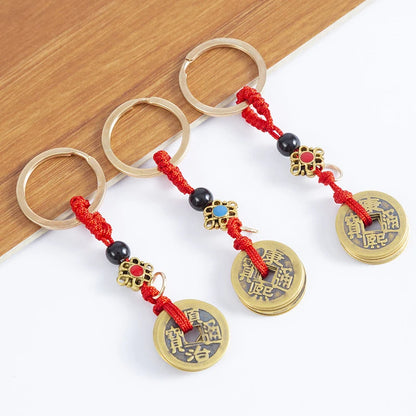 Handmade Rope Lucky Feng Shui Hanging Vintage Brass Money Bag Keychain Pendant Jewelry Ancient Five Emperors Coins Car Key Chain