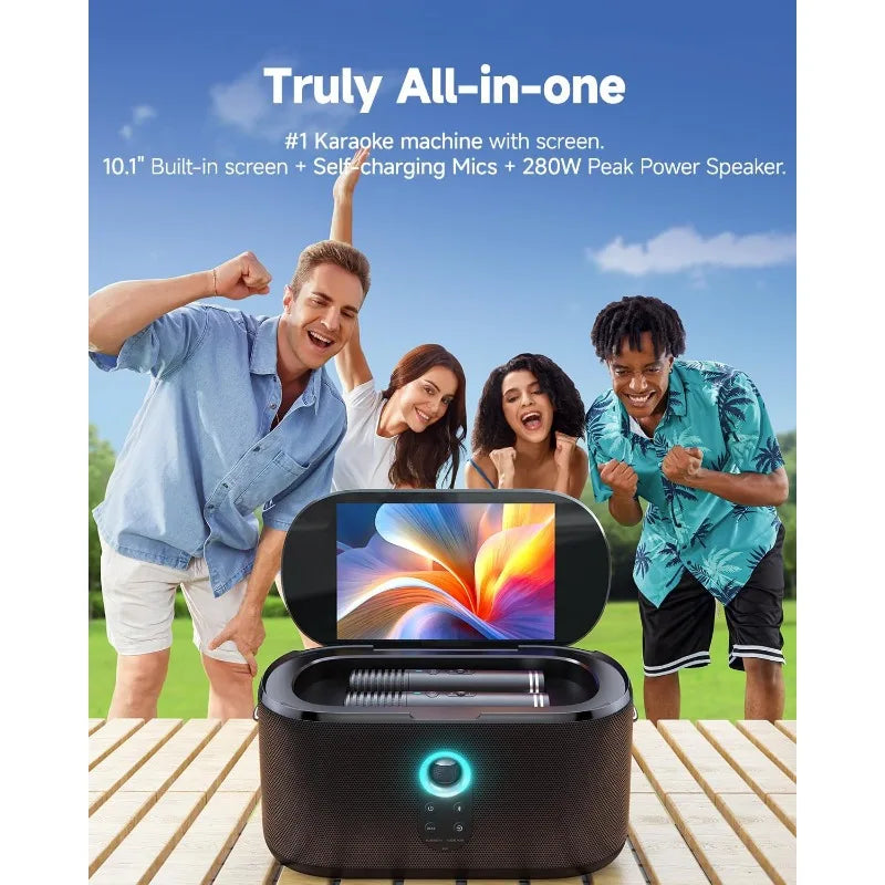 Bluetooth Speaker with Microphone,2 Wireless Self-Charging Mics with EQ Autotune for Singing,10.1 inch Screen for Lyrics Display