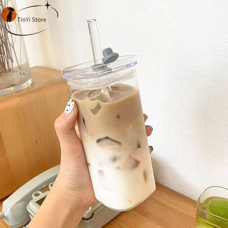 Square Heat Resistant Transparent Tulip Glass Cup with Lip and Straw Milk Tea Coffee Cup Mugs Home Bar Drinkware Couple Gifts