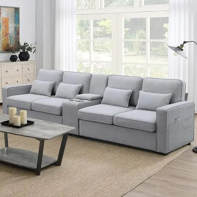 Upholstered Sectional Sofa with Console, Holders and USB Ports & Wirelessly Charged, for Living Room, Apartment,Office,114.2inch