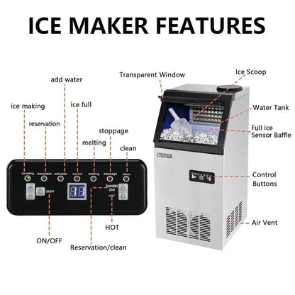 Commercial Ice Maker Machine with 2 Water Inlets, Freestanding Ice Machine with 24lbs Storage Bin, Ice Scoop & - MarvelouStoree