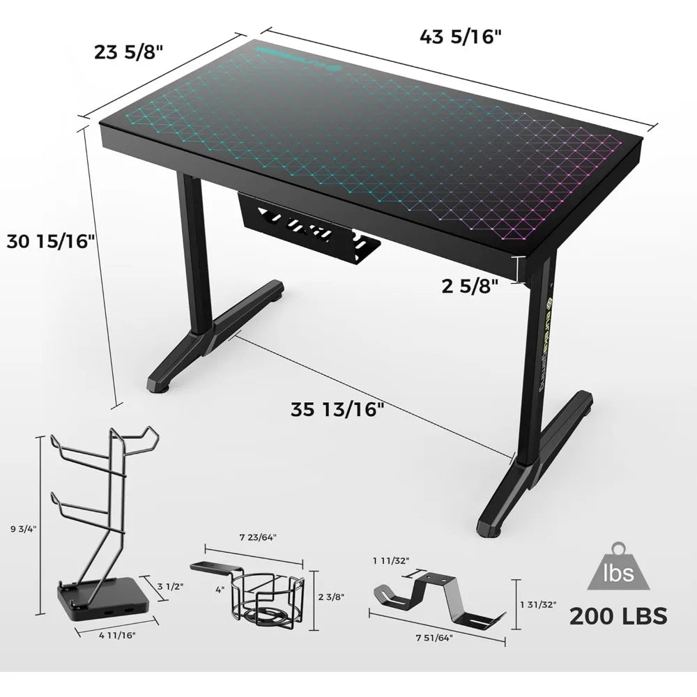 LED Gaming Desk, Music Sync Lights Up Tempered Glass Desktop, 43" Office Computer Table W Controller Rack 4 USB Charging Ports