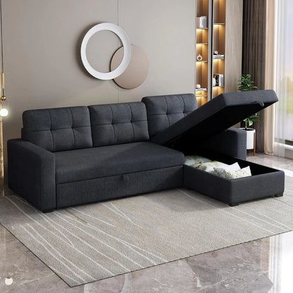 81.5" Sectional Sleeper Sofa with Storage Chaise, L Shaped Pull Out Couch Bed with 3 Removable Back Cushion for Living Room,Apar