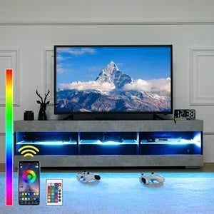 LED TV Stand for 65 inch TV Grey Black TV Stand with Led Lights Modern TV Entertainment Center with Glass Shelves TV