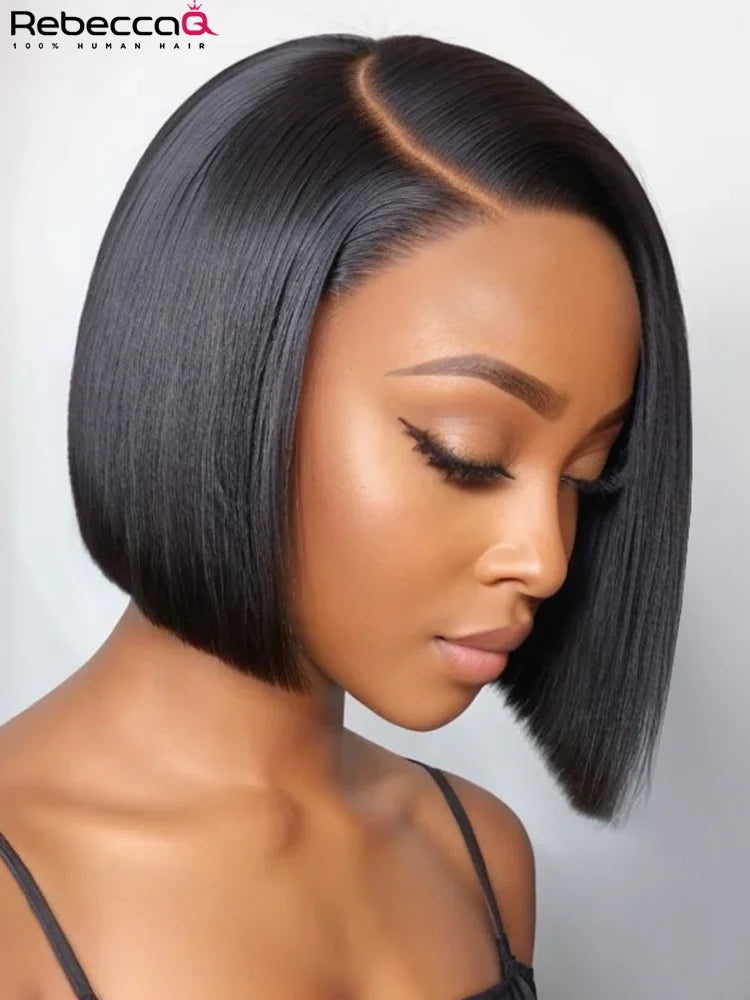 QVR Natural Black Short Straight Bob Wig Hairline Silky Glueless Lace Front Short Bob Wig Human Hair C Part Fits All Face Shapes