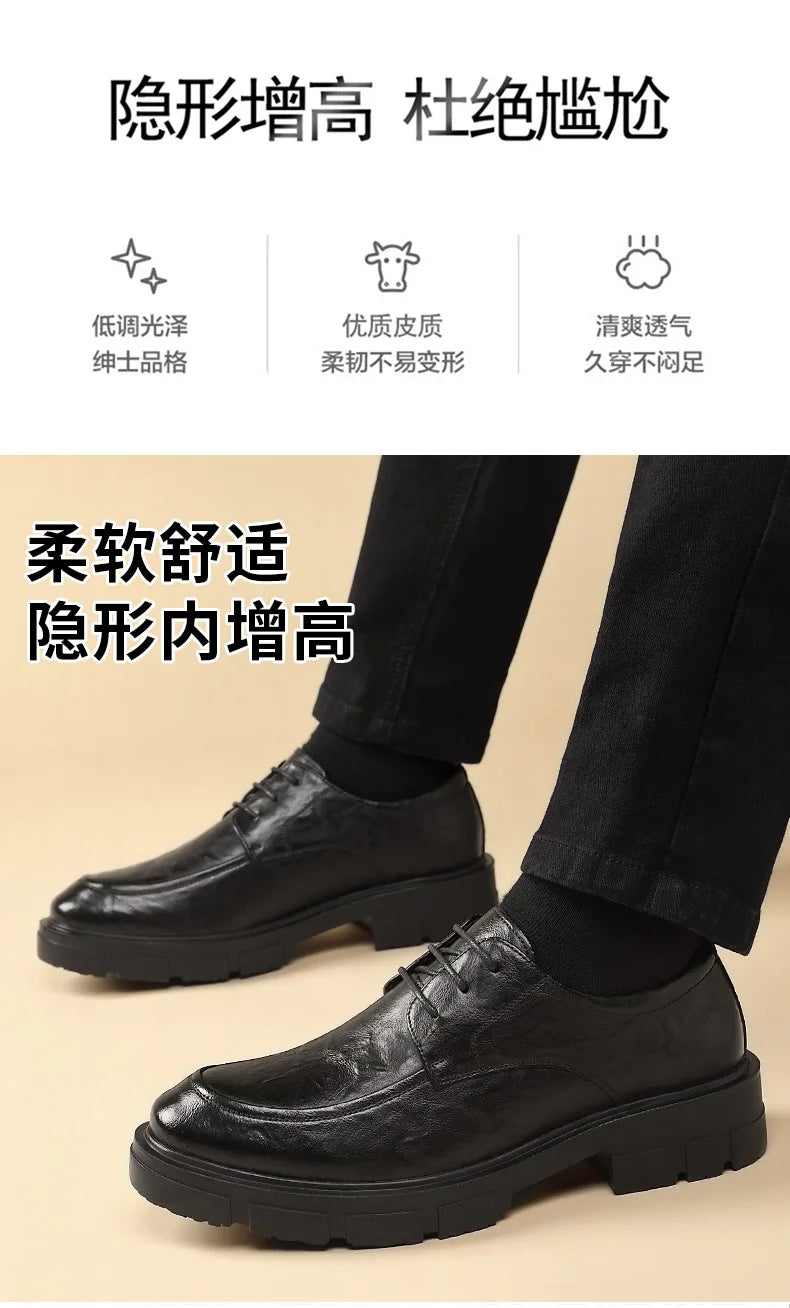 New Men Leather Shoes For Men Business Dress Shoes Slip On Invisible Inner Height Increasing Men's Shoes 8/10 CM Wedding Shoes