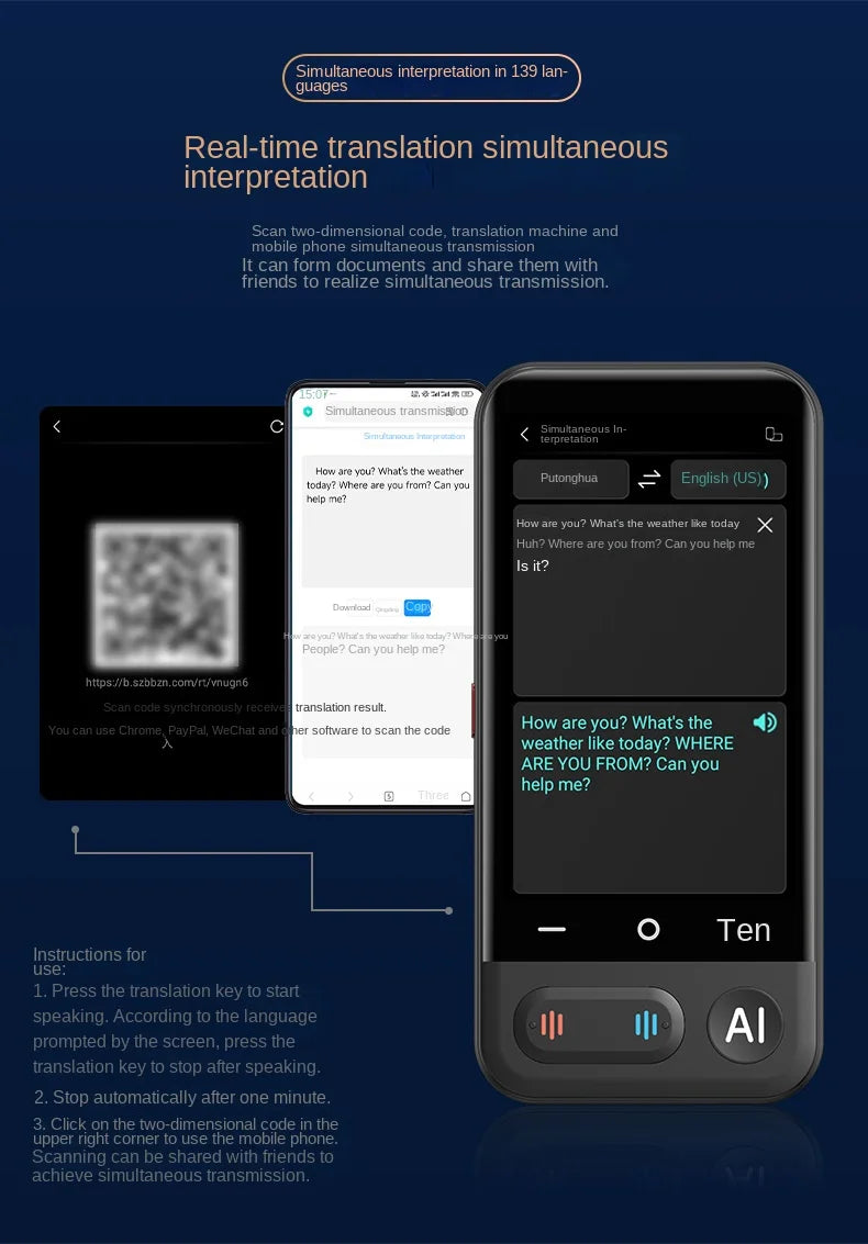 Smart AI Voice Assistant Accurate Translator Support Multi 139 Languages 3D Touch Screen Photo Offline Record Fast Translation