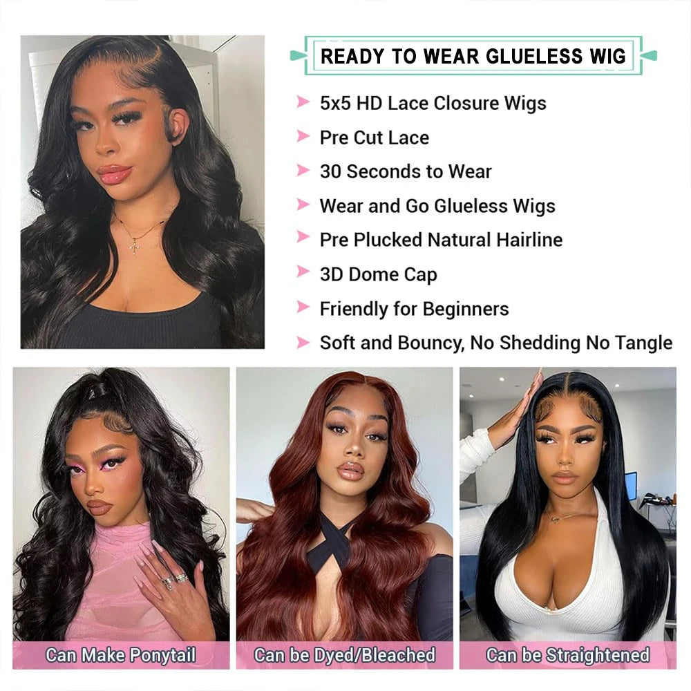 180% Body Wave Glueless Wig Human Hair Ready To Wear 5x5 Lace Closure Human Hair Wigs For Women 6x4 Pre-Cut Lace Closure Wig