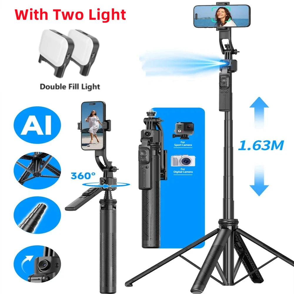 Selfie stick Tripod gimbal for Cell Phone 360°Auto-Rotation AI Tracking Stabilizer Shooting Quadrapod with Optional Fill Light