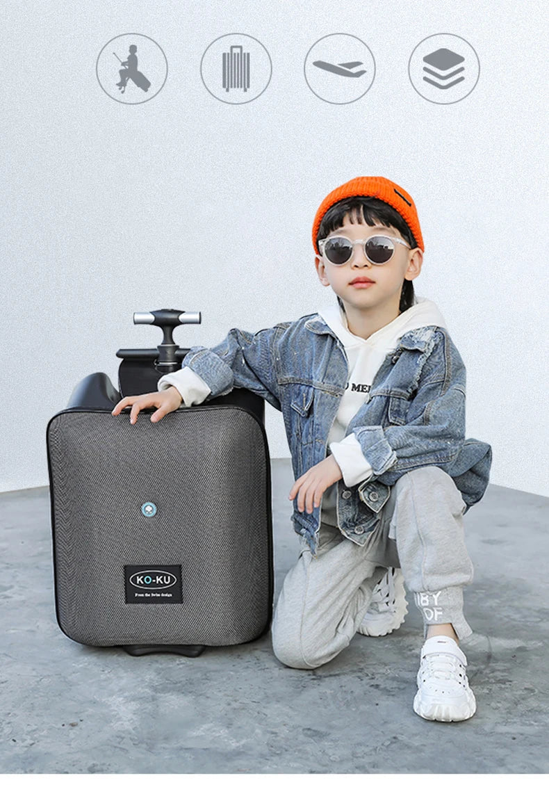 New design lazy baby sit on scooter luggage kids carry on travel suitcase bag boarding skateboard creative trolley case