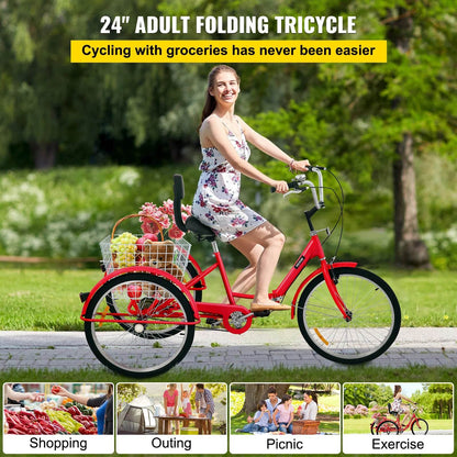 VEVOR Foldable Adult Tricycle 24'' 1 Speed Red White Green Blue 3-Wheel Folding Bike with Shopping Basket - MarvelouStoree