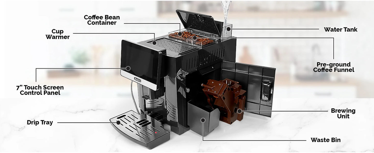 Automatic Espresso Machine With Grinder - 19 Customizable Coffee Options  Auto Cleaning For Easy Maintenance  Milk-Foam System