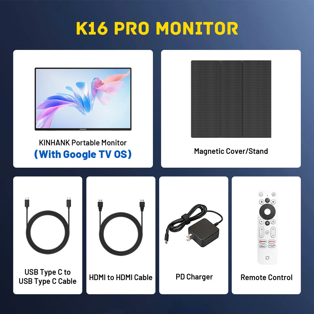 KINHANK 16-inch Smart Portable Monitor With 2.5K HD 144Hz HDR10 Android 12.0 OS Supports 7000+ Apps Projectable Gaming Monitor