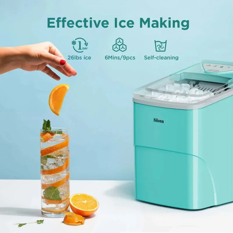 QWSilonn Ice Makers Countertop,9 Cubes Ready in 6 Mins,26lbs in 24Hrs,Self-Cleaning Ice Machine with Ice Scoop and Basket,Green