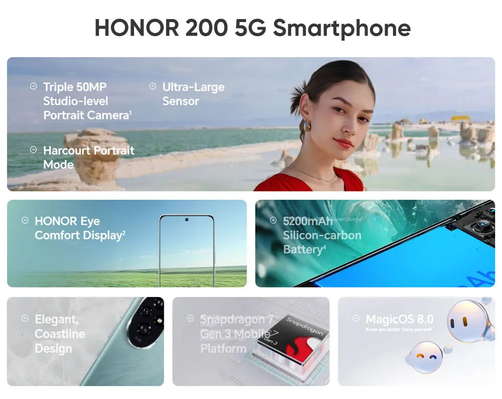 2024 New Original HONOR 200 Global Version Snapdragon 7 Gen 3 5G Smartphone 6.7'' AMOLED Display Support HONOR 100W SuperCharge