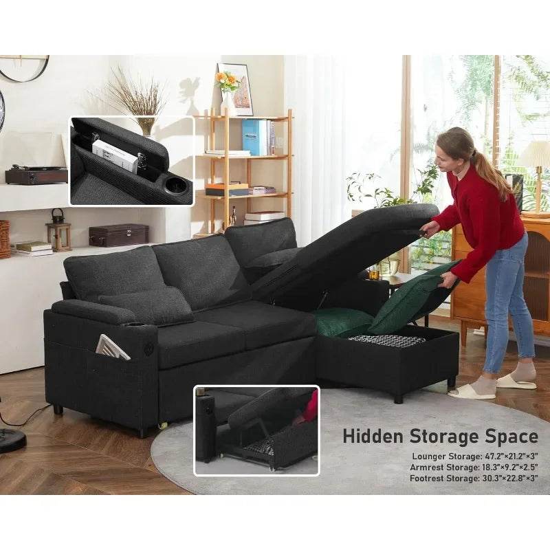 DURASPACE Sofa Bed Pull Out Couch Sleeper with Storage Chaise, with USB Charging Ports, Cup Holder - MarvelouStoree