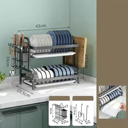 Dish Drying Rack 2-Tier Compact Kitchen Dish Rack Drainboard Set Large Rust-Proof Dish Drainer with Utensil Holder Kitchen Racks