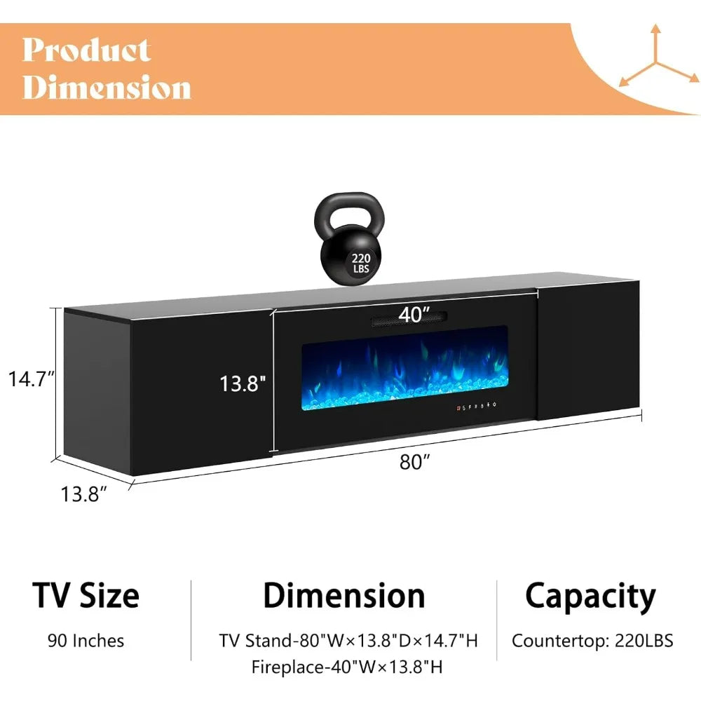 Floating Fireplace TV Stand, Wall Mounted Mirrored Entertainment Center 40" Electric ,LED Lights Media Console for TVs Up to 90"