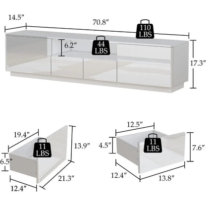 LED TV Stand for 75 inch TV, Console TV Cabinet with Glossy Surface & 4 Drawers, Center with Open Shelf for Living Room, White