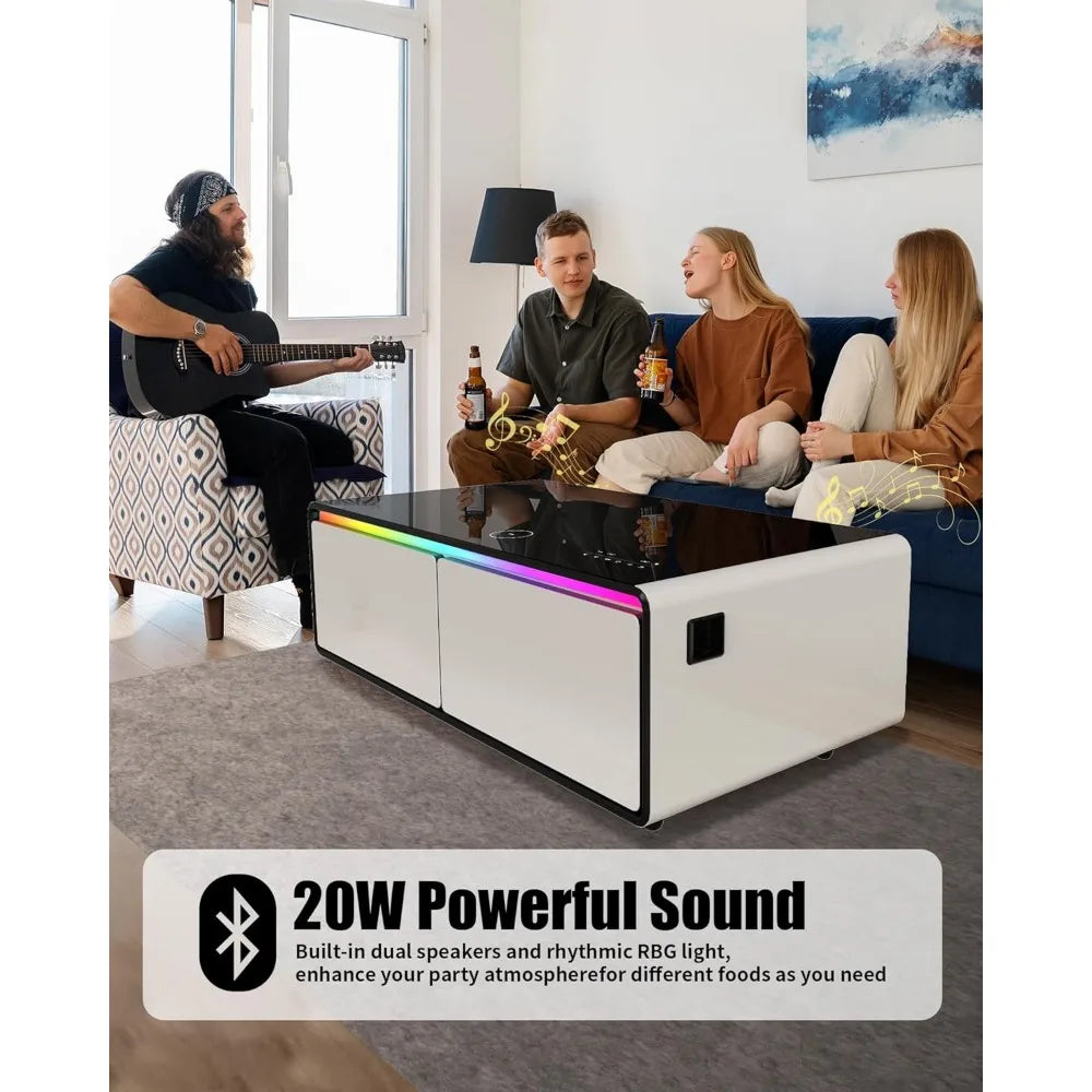 Living Room Table with Built in Fridge and Speakers, Smart Table with 15W Wireless Charging, USB Chargers and 110V Outlets