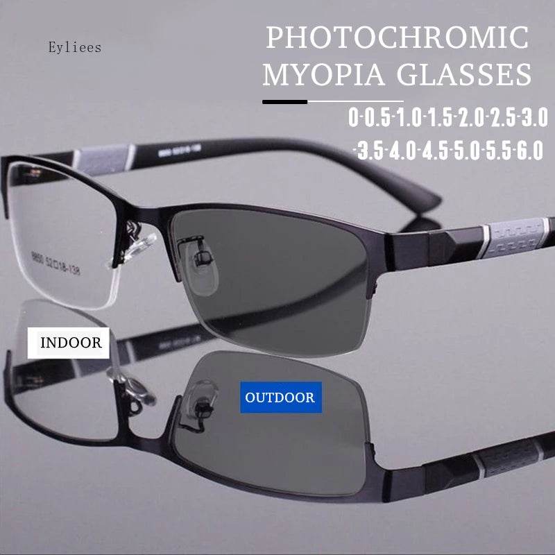 Men's Vintage Business Photochromic Myopia Glasses Half Frame Metal Blue Light Blocking Eyewear Classic UV Shades Sunglasses - MarvelouStoree