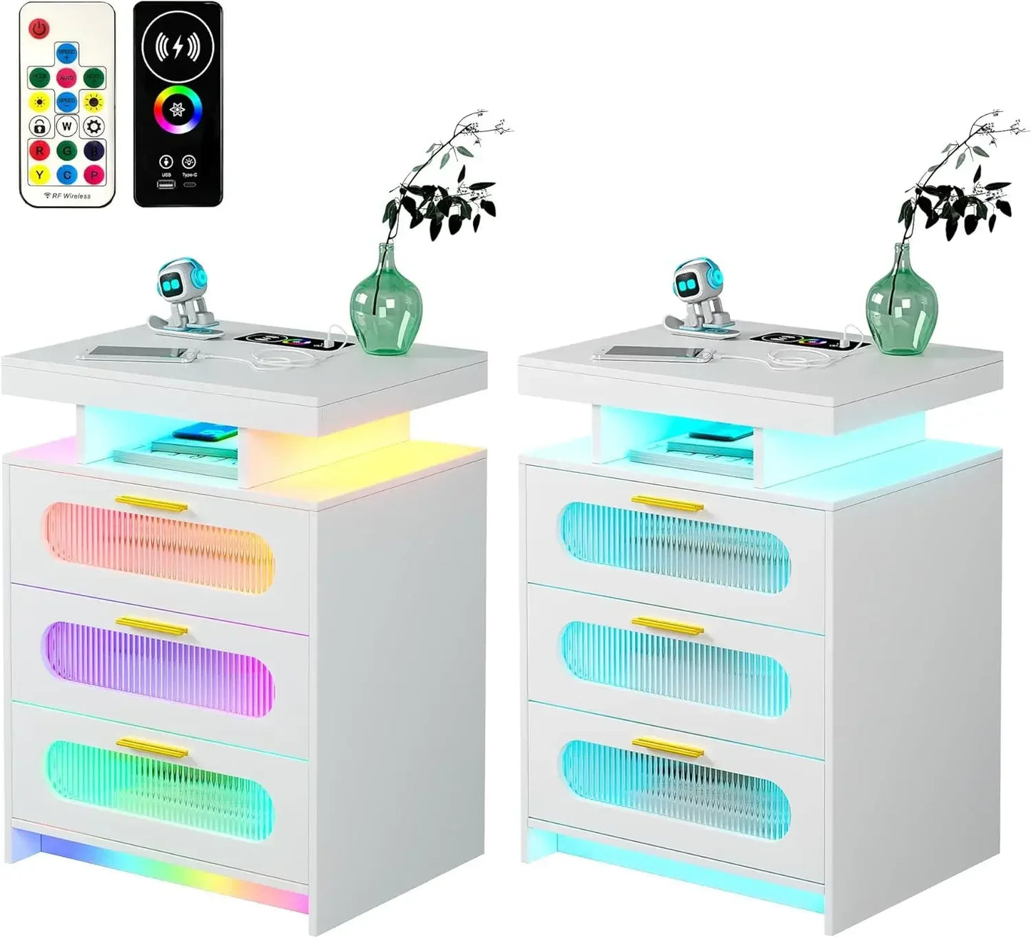 Nightstand Set of 2, Wireless Charging with LED Lights, 3 Drawers Night Stands, Bedside End Table with Smart Sensor,