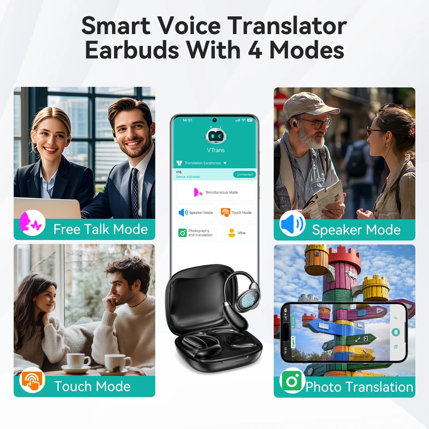 V18 Language Translator Earbuds 150 Languages High Accuracy Smart Wireless Instant Translator Device Portable BT Earphones