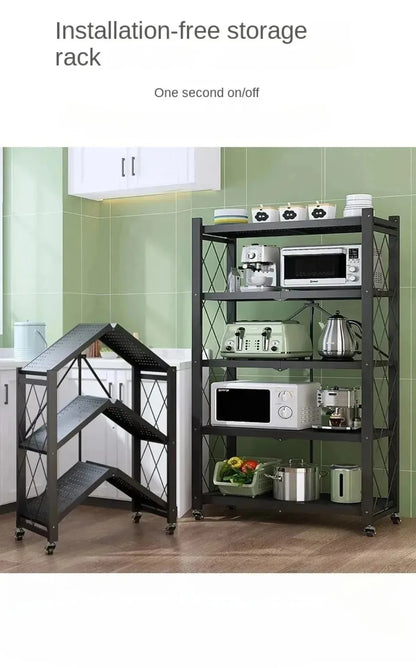 One-Second Foldable Storage Racks Folding Kitchen Organizer Shelf Standing Multi-Layer Storage Rack Movable Organizing Shelves