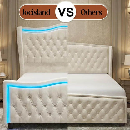 King Size Bed Frame with LED Lights, 53'' Upholstered Platform Wingback Bed with Handmade Deep Button Tufted Headboard Footboard - MarvelouStoree