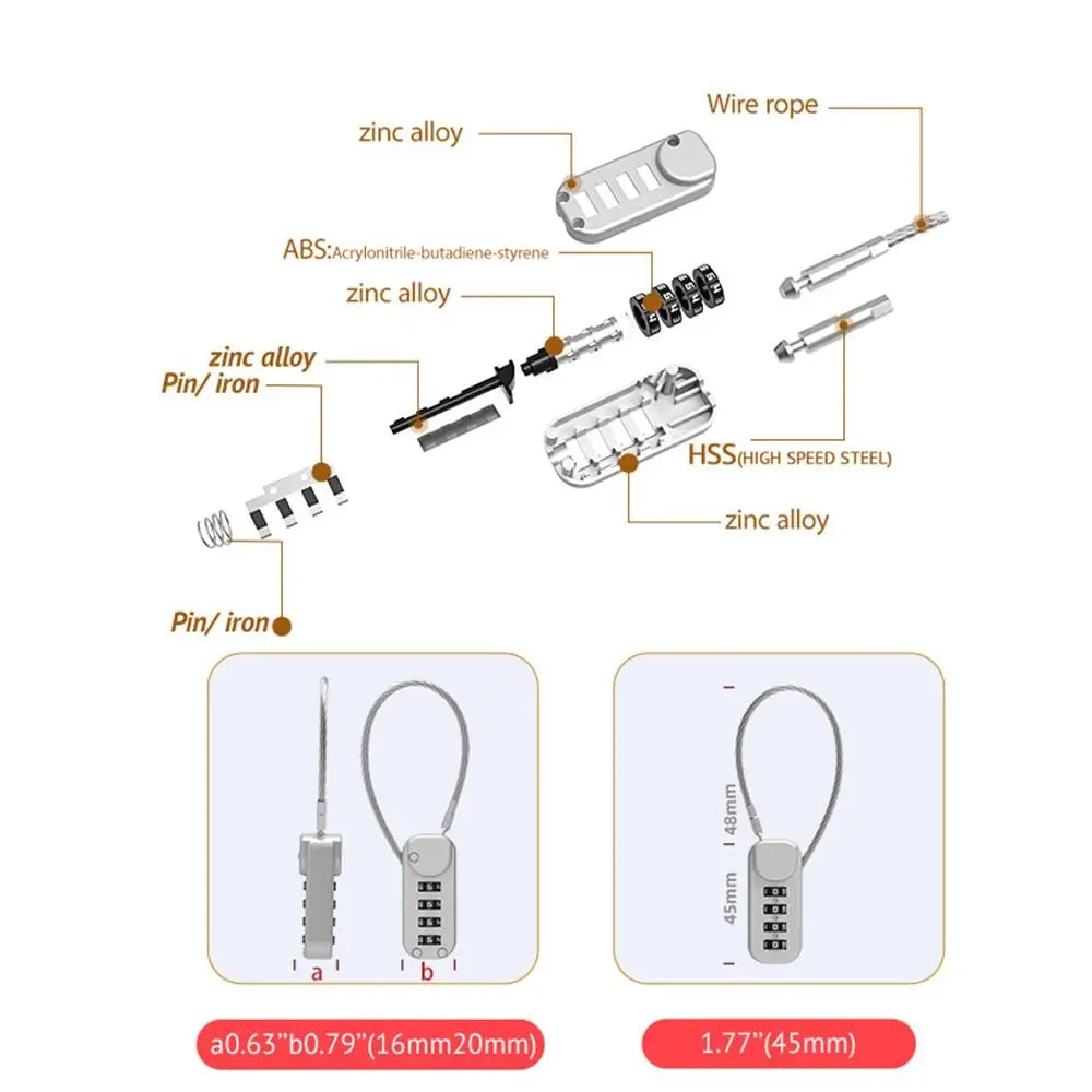 Zinc alloy 4 Digit Password Lock Portable Anti-theft Wire Rope Dormitory Cabinet Lock Padlock Luggage Combination Lock Home