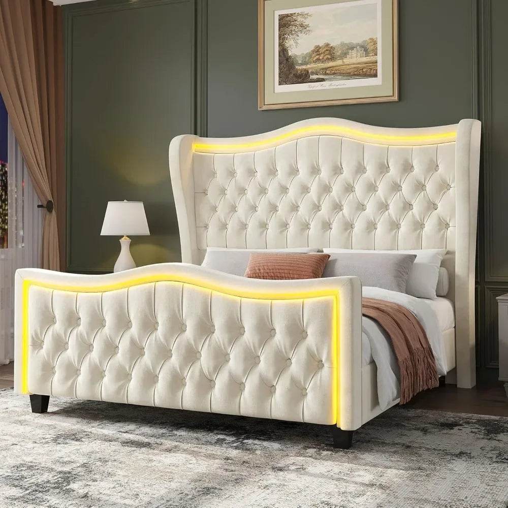 King Size Bed Frame with LED Lights, 53'' Upholstered Platform Wingback Bed with Handmade Deep Button Tufted Headboard Footboard - MarvelouStoree