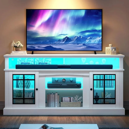 TV Stand for 75/65 Inch TVs with Adjustable Shelves and Glass Doors, Modern Entertainment Center TV Media Console Table