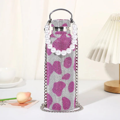 500/750/1000ml Diamond Thermos Bottle With 2pcs Chain Portable Rhinestone Water Bottle Double Wall Stainless Steel Thermal Flask