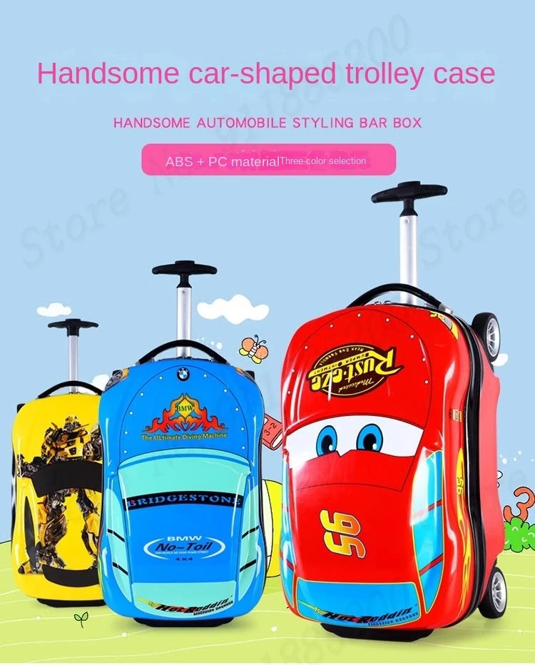 Cartoon Kids Suitcase Boys Can Ride 18" Trolley Box Car Elementary School Backpack with wheels 13" Travel Luggage Boarding Box