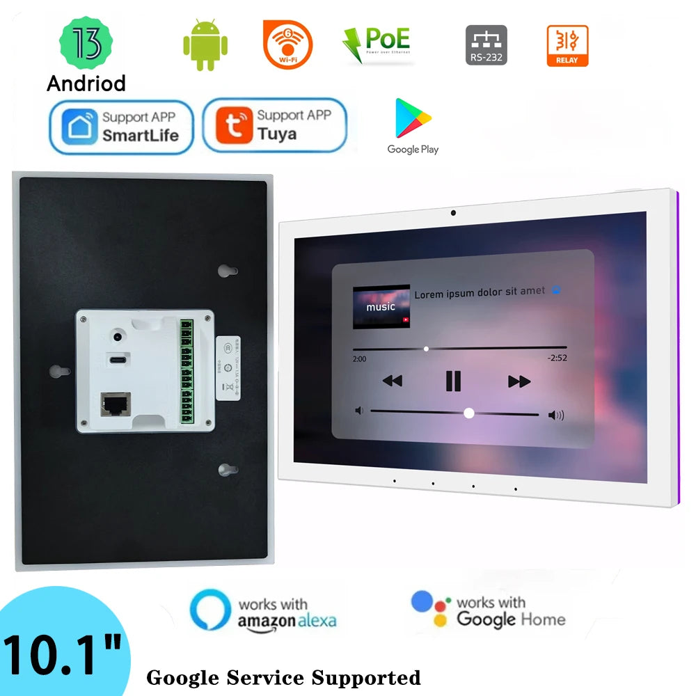 10.1 Inch inwall Smart Home Control Panel Android 13 POE Tablet,Camera ,LED Lights,Zigbee/Matter protocal, Relay, RS232, RS485