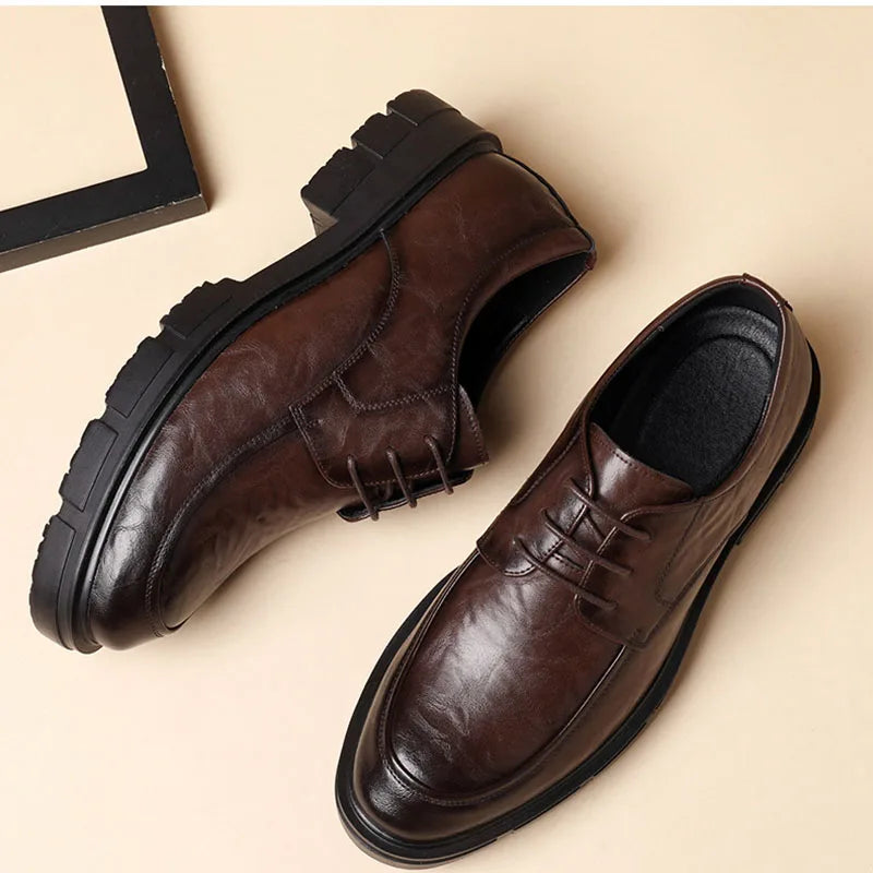 New Men Leather Shoes For Men Business Dress Shoes Slip On Invisible Inner Height Increasing Men's Shoes 8/10 CM Wedding Shoes