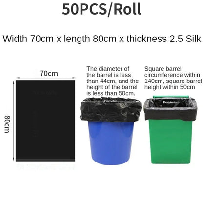 50PCS/1Roll Large Garbage Bags 50L/100L Black Hotel Property Super Large Plastic Bag Flat Mouth Thickening Trash Bags