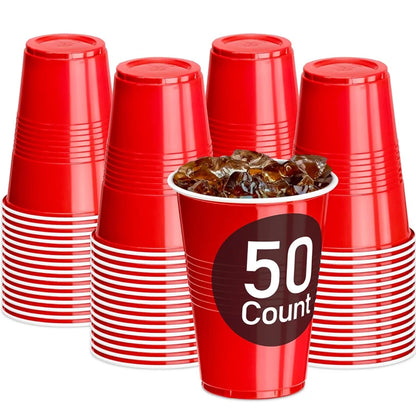 16-Ounce Plastic Party Cups 50 Pack Disposable Plastic Cups Recyclable Red Cups with Fill Lines for Parties Drinks BBQ Picnics