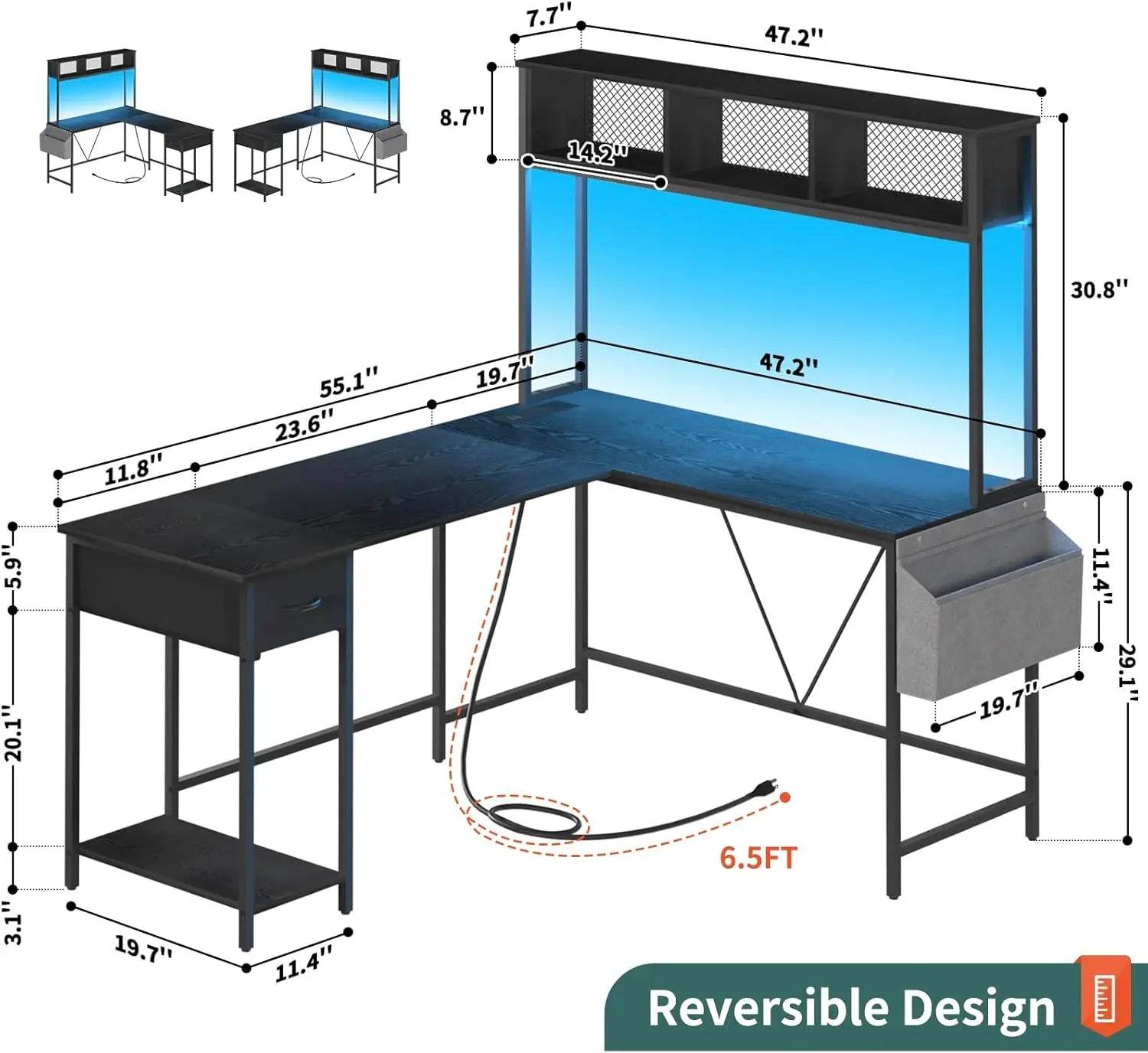 L Shaped Desk Gaming Desk with LED Strip & Power Outlet, Reversible L-Shaped Computer Desk with Storage Shelf & Drawer, Corner - MarvelouStoree