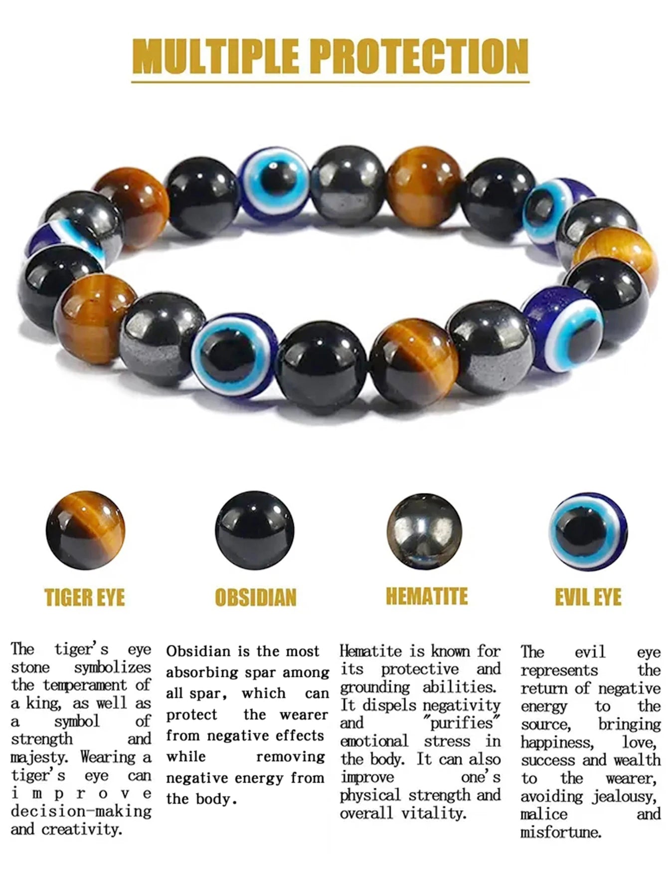 OAIITE 8mm New Turkish Evil Eye Bracelet for Women Charm Tiger Eye Stone Bracelet for Men Hematite Healing Health Care Jewelry