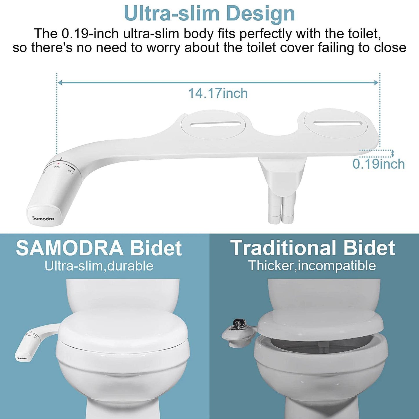 SAMODRA Bidet Attachment Ultra-Slim Toilet Seat Attachment Dual Nozzle Bidet Adjustable Water Pressure Non-Electric Ass Sprayer - MarvelouStoree