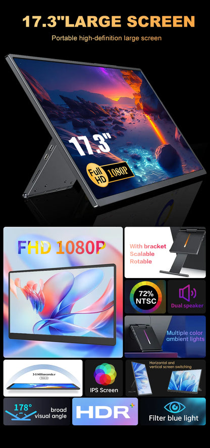 17.3 inch Portable Monitor (Big Discount Screen Displays Spot) 1920x1080 FHD Screen Magnetic Cover For Laptop Phone Gaming Monit