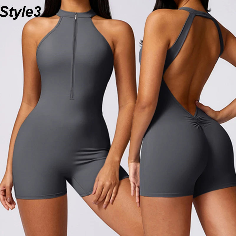 Backless Jumpsuits Zipper Sports Bodysuits Women Yoga Sets Sportswear Fitness Overalls One Piece Suit Workout Playsuit Female