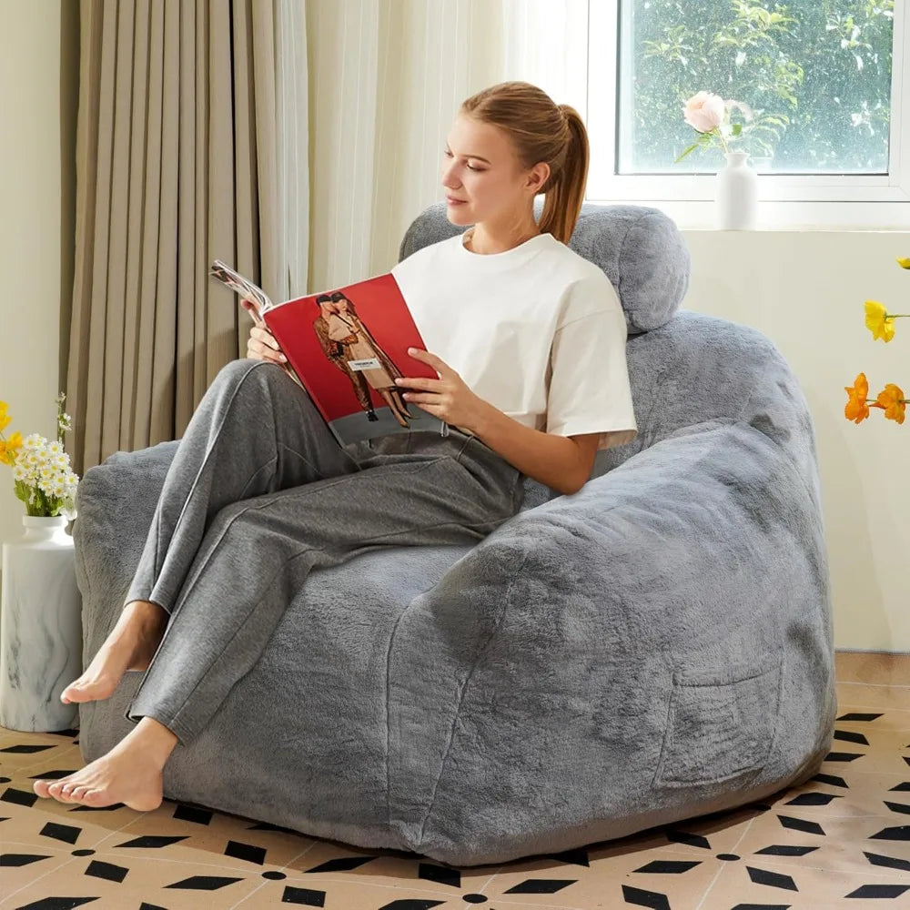 Giant Bean Bag Chair for Adults, Faux Fur Fabric Large Bean Bag Chair, Comfortable Bean Bag Sofa Chair with Ergonomic Support