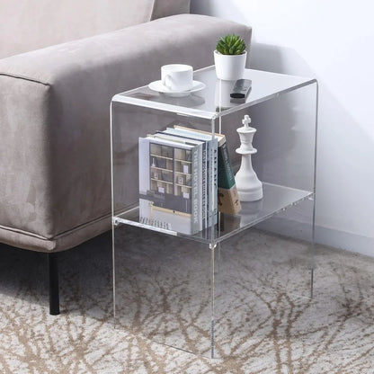 24 Inch Premium Clear Acrylic End Table, Decorative Living Room Side Table with 2 Tier Display Shelf