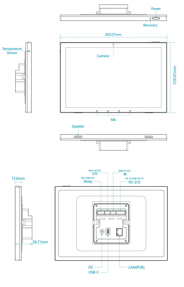 10.1 Inch inwall Smart Home Control Panel Android 13 POE Tablet,Camera ,LED Lights,Zigbee/Matter protocal, Relay, RS232, RS485