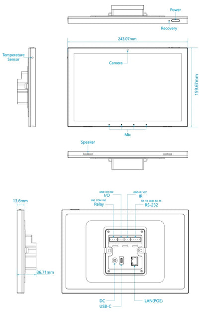 10.1 Inch inwall Smart Home Control Panel Android 13 POE Tablet,Camera ,LED Lights,Zigbee/Matter protocal, Relay, RS232, RS485