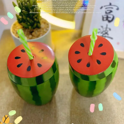 Lovely Food Grade Plastic Summer Straw Cup Cartoon Fruit Strawberry Pineapple Watermelon Water Bottle Drinkware Gift